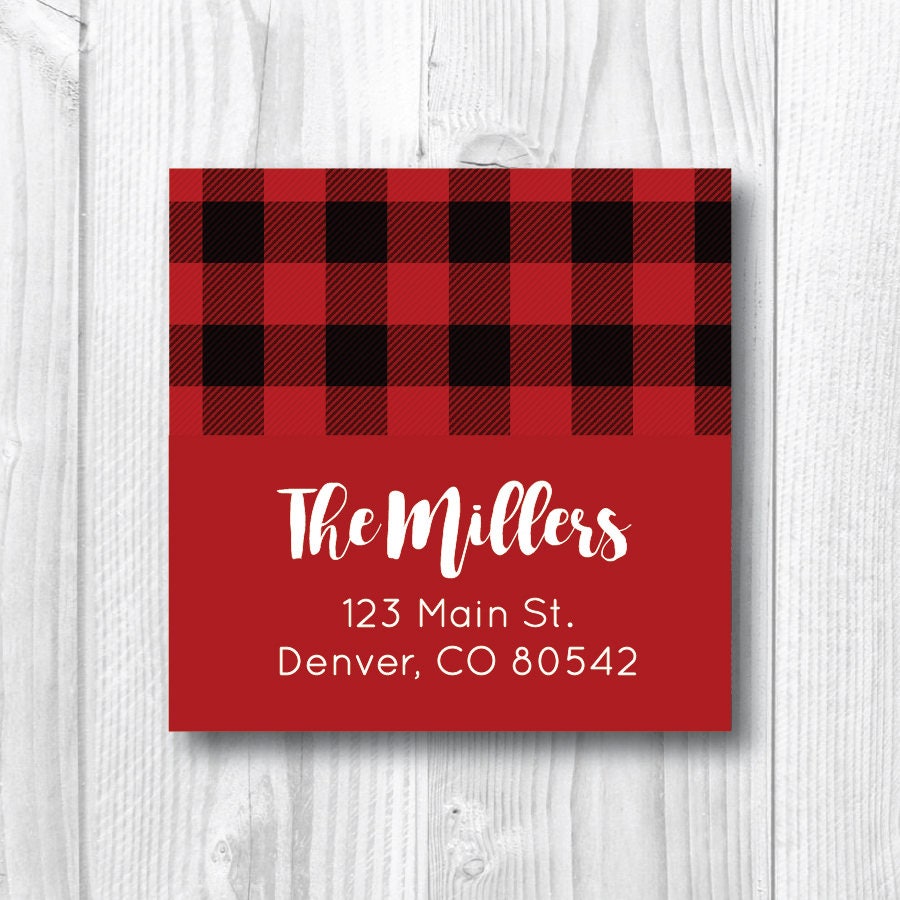 Buffalo Plaid Return Address Labels Holiday Address Labels Christmas Address Labels Personalized Christmas Card Red Black Plaid Sticker