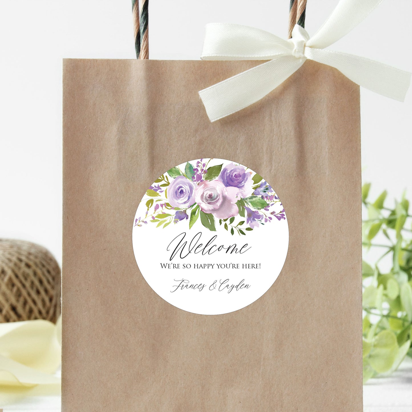 Wedding Welcome Stickers Welcome Bag Label Welcome Box Label Hotel Gift Bag Purple Floral Lavender Wedding Favor Welcome to Our Wedding