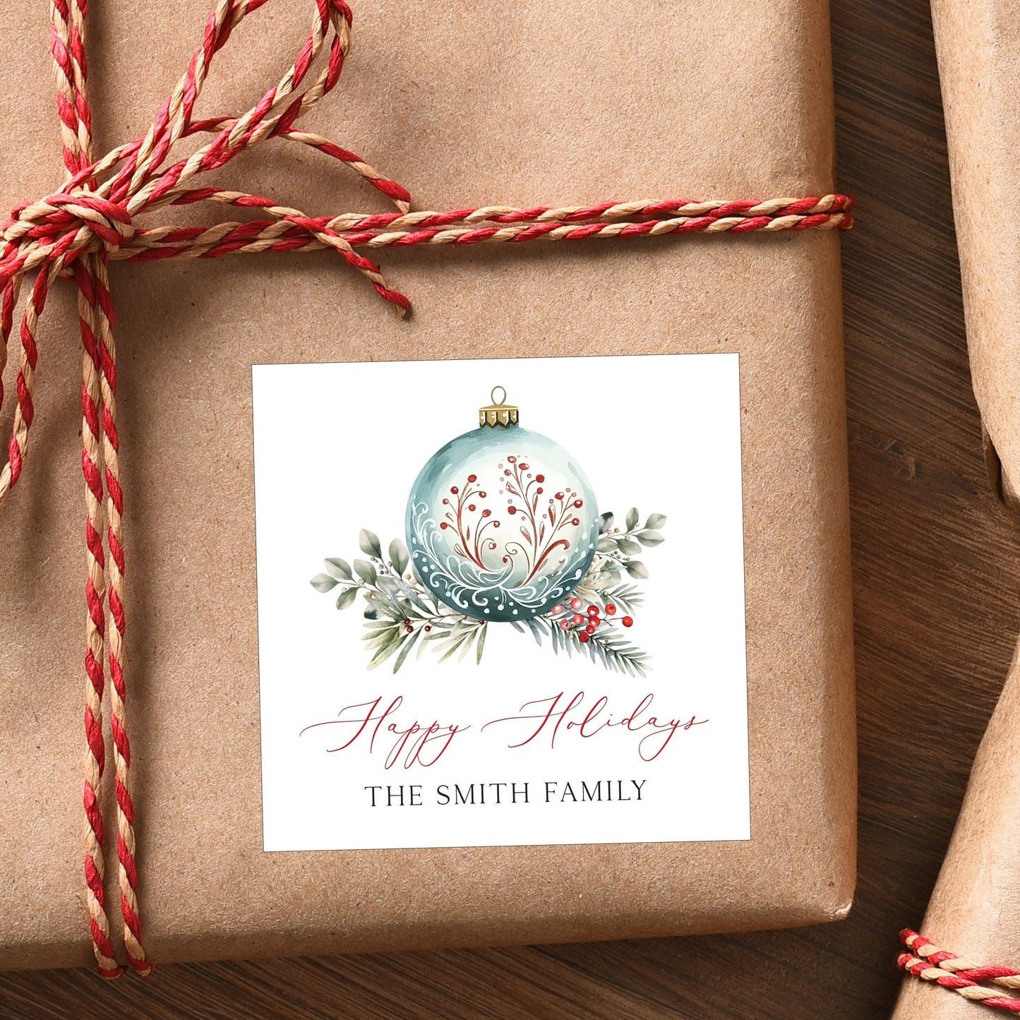 Christmas Stickers - Christmas Gift Labels, Happy Holidays Labels, Christmas Gift Sticker, Watercolor Ornament with Greenery, Personalized