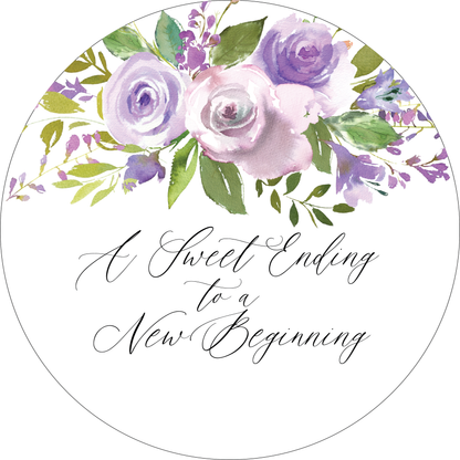 Purple Floral A Sweet Ending to a New Beginning Wedding Stickers