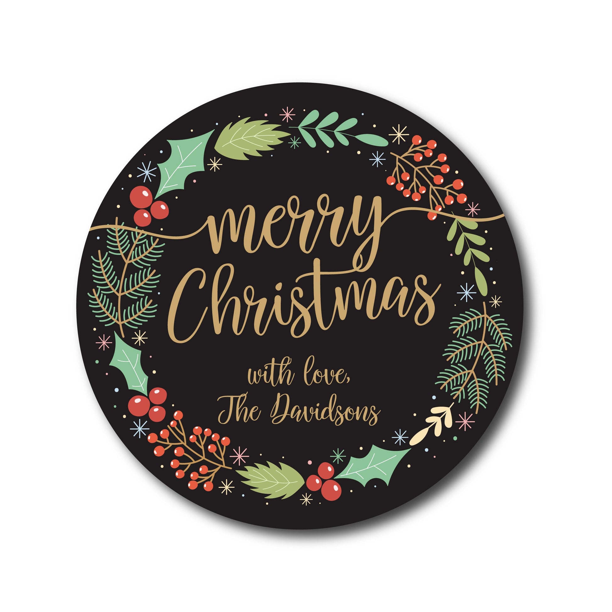 Christmas Gift Label Merry Christmas Sticker Christmas Gift Sticker Christmas Tag Black Gold Stickers Hand Drawn Holiday Label Wreath
