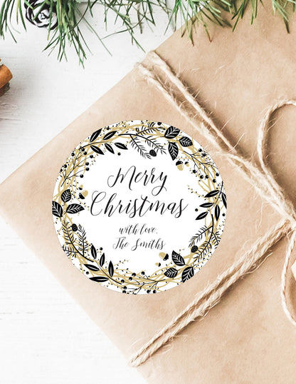 Christmas Gift Labels - Black and Gold Christmas Stickers Christmas Gift Sticker Personalized Gift Label Modern Holiday Labels Gold Wreath