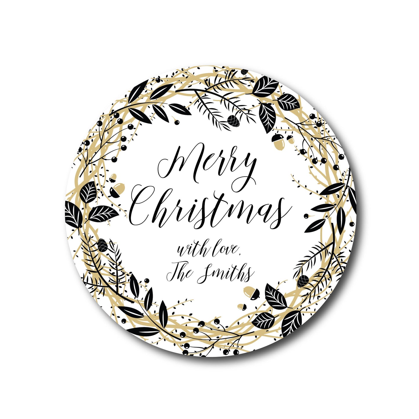 Christmas Gift Labels - Black and Gold Christmas Stickers Christmas Gift Sticker Personalized Gift Label Modern Holiday Labels Gold Wreath