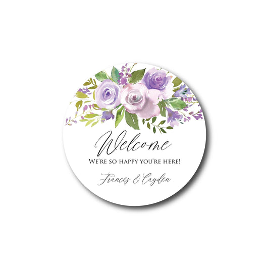 Wedding Welcome Stickers Welcome Bag Label Welcome Box Label Hotel Gift Bag Purple Floral Lavender Wedding Favor Welcome to Our Wedding