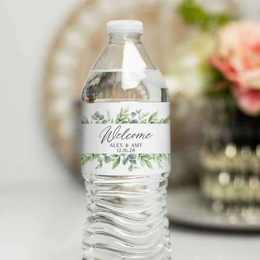 Wedding Water Bottle Label - Greenery Botanical Water Bottle Label, Custom Bottle Labels, Eucalyptus Wedding Labels, Printed Water Bottle