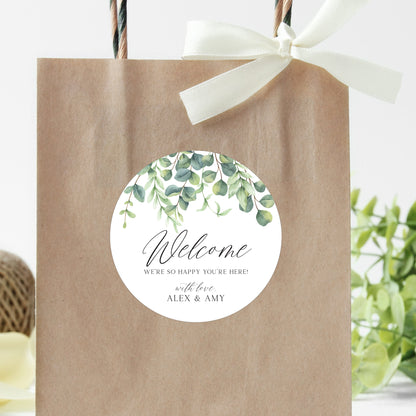 Wedding Welcome Stickers - Welcome Bag Label, Welcome Box Label, Greenery Botanical Wedding Sticker, Eucalyptus Wedding Sticker