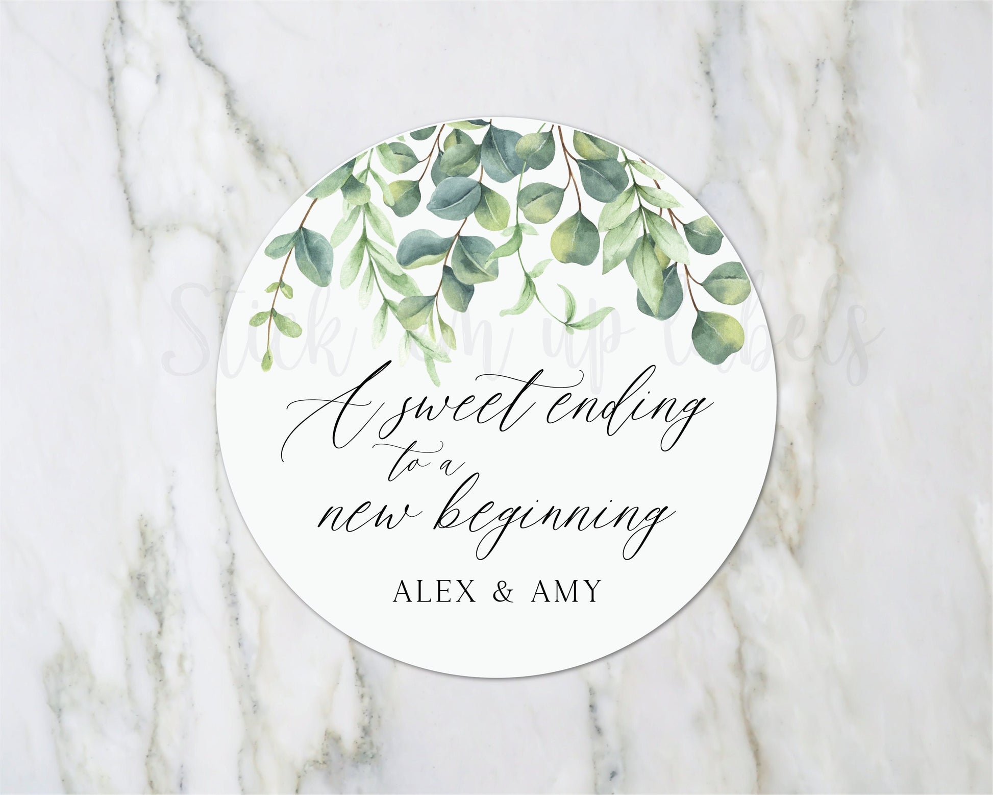 Sweet Ending to a New Beginning Stickers - Wedding Favor Stickers, Greenery Botanical Stickers, Cookie Favor Stickers, Eucalyptus Wedding