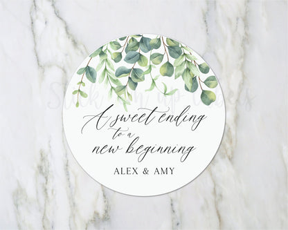 Sweet Ending to a New Beginning Stickers - Wedding Favor Stickers, Greenery Botanical Stickers, Cookie Favor Stickers, Eucalyptus Wedding
