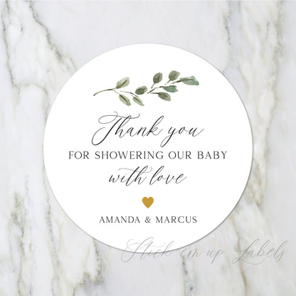 Baby Shower Thank You Stickers - Baby Shower Favor Label, Botanical Baby Shower, Thank You For Showering our Baby with love, Greenery Label