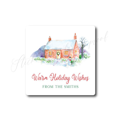 Christmas Gift Labels - Christmas Stickers, Warm Holiday Wishes, Christmas Gift Sticker, Watercolor Cottage Christmas Stickers, Personalized